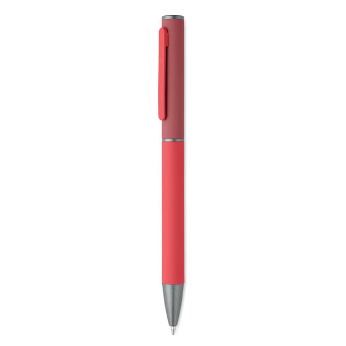 A pen in a coral colour with a silver tip and clip, featuring a smooth, sleek design.