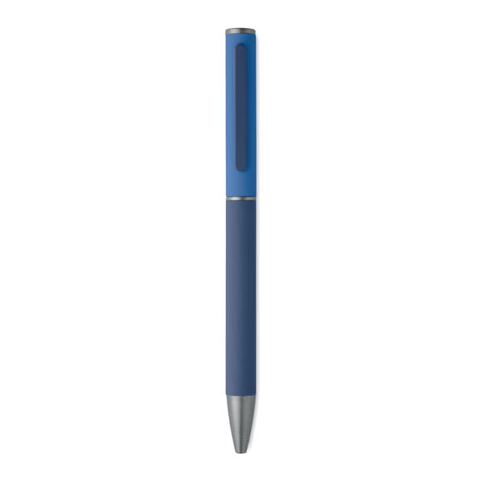 A blue pen with a smooth finish and a silver clip, featuring a branding logo.