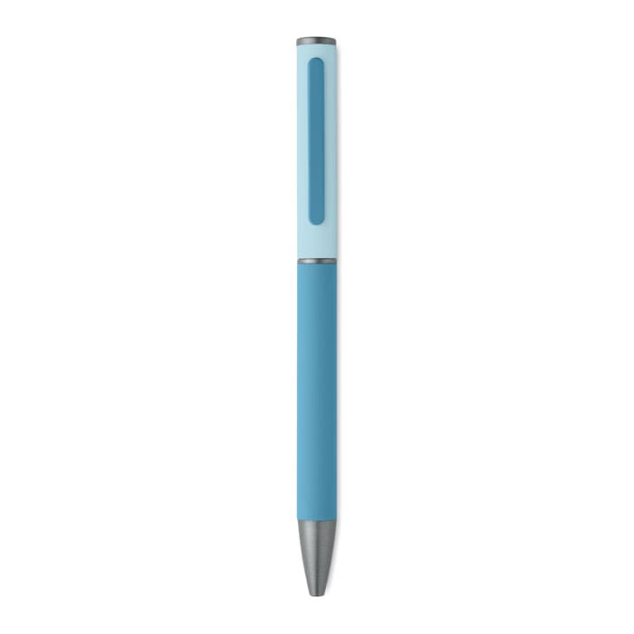A blue pen with a silver tip and light blue accents, featuring a logo on the barrel.