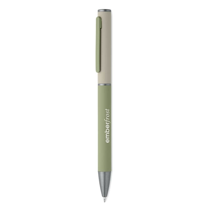 A pen featuring a green and beige design, with a silver clip and branding on the barrel.