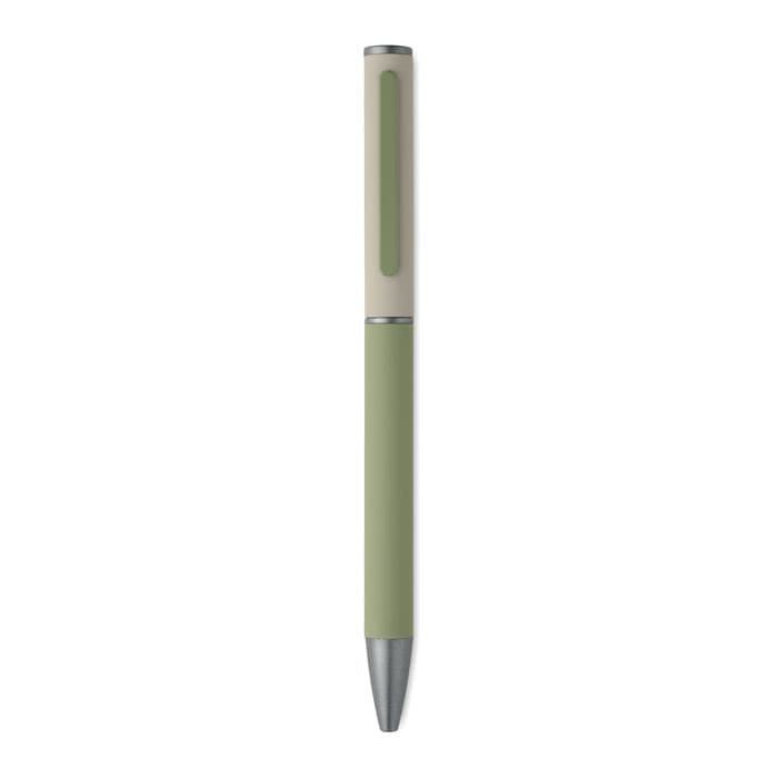A pen featuring a two-tone design with a soft green barrel and cream accents, along with a metallic nib.