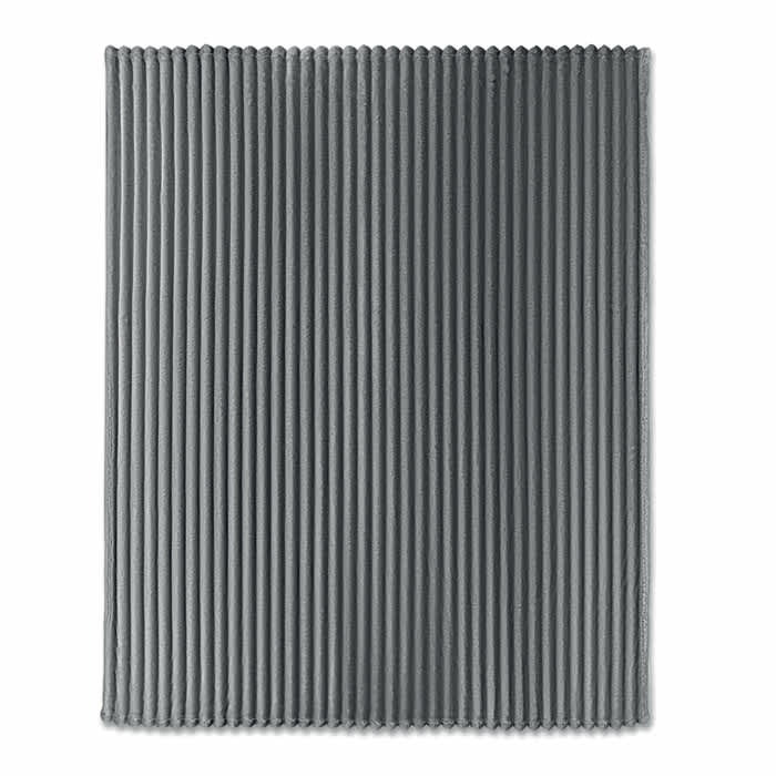 A textured grey bath mat with vertical ribbed design. The mat has a soft, plush appearance.