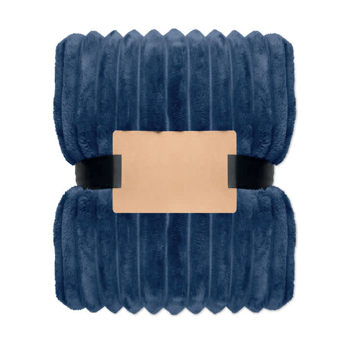 A plush, navy blue throw blanket neatly folded and secured with a black band. The blanket has a soft, textured surface.