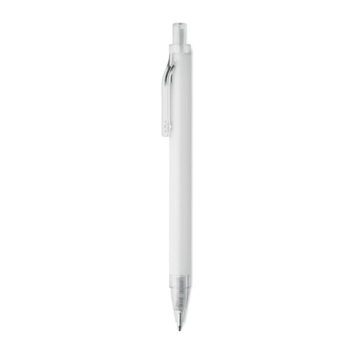 A white pen with a silver clip and clear tip, featuring a simple, sleek design.