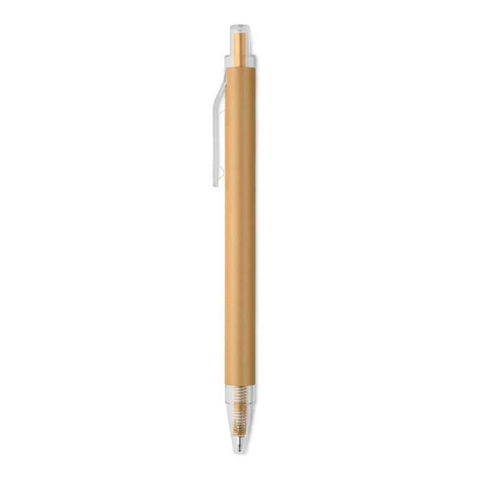 A pen with a sleek gold barrel and transparent accents, featuring a silver clip and tip.