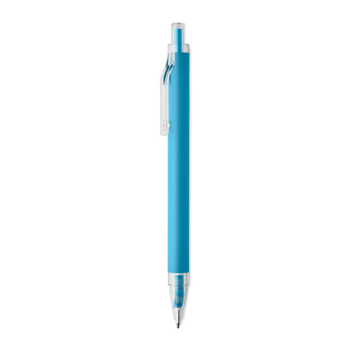 A blue pen with a clear clip and silver accents, featuring a smooth barrel and a fine tip.