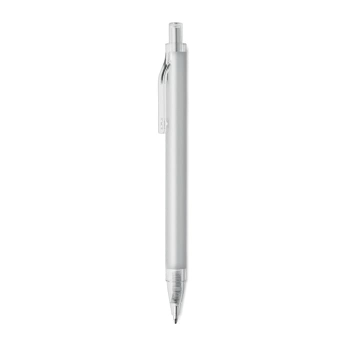 A clear ballpoint pen with a silver clip and a transparent barrel. The pen has a smooth tip for writing.