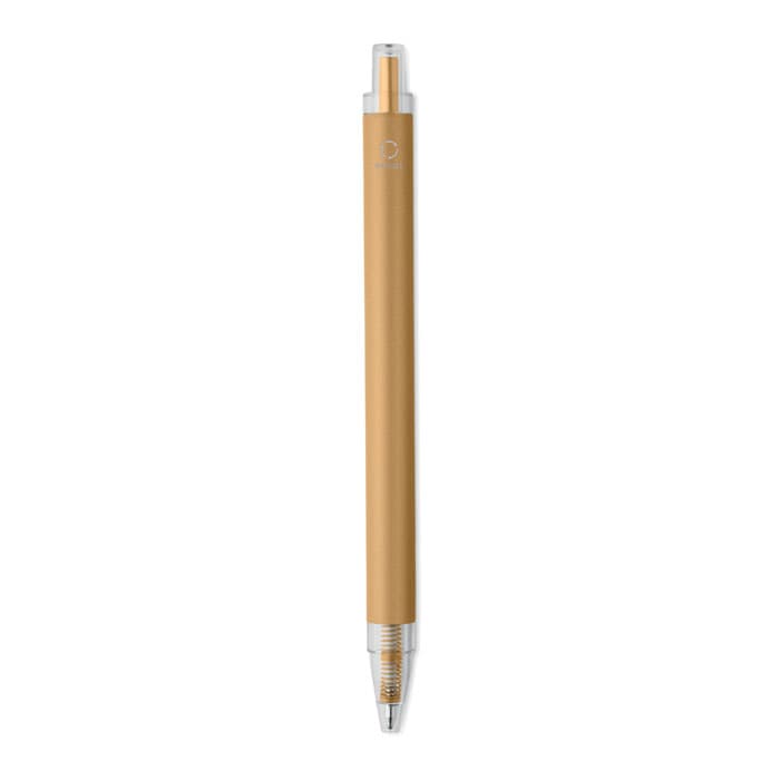 A pen with a gold barrel and clear accents, featuring a simple design and a retractable tip.