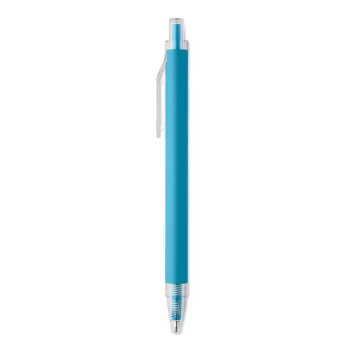 A ballpoint pen with a turquoise barrel and a clear plastic cap, featuring a chrome clip and tip.