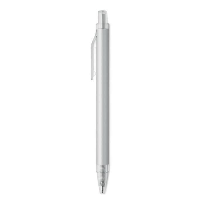 A pen with a sleek, silver barrel and clear cap, featuring a clip for attachment.