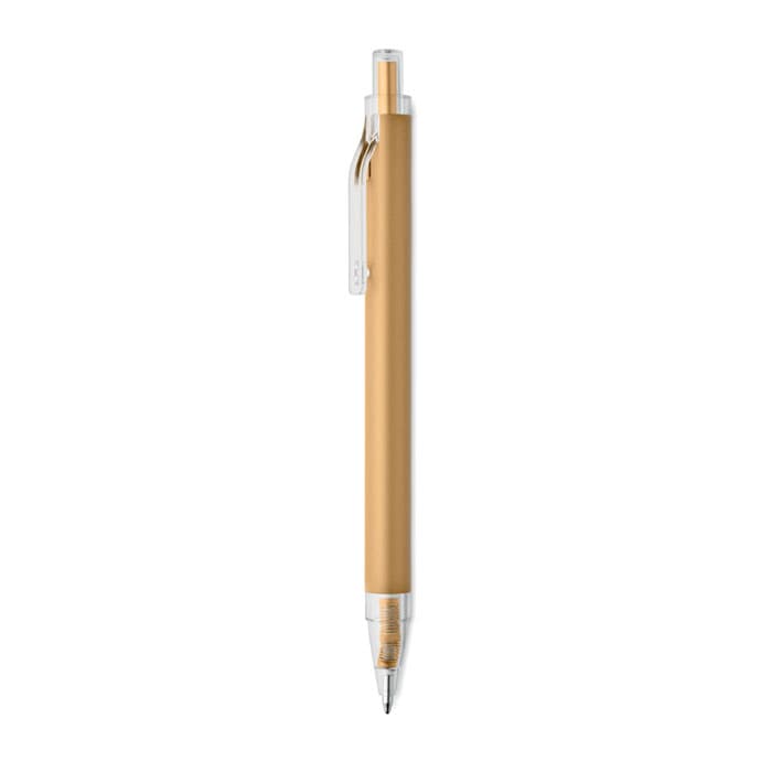 A pen with a gold barrel and a clear plastic clip, featuring a shiny silver tip and a refillable ink cartridge.