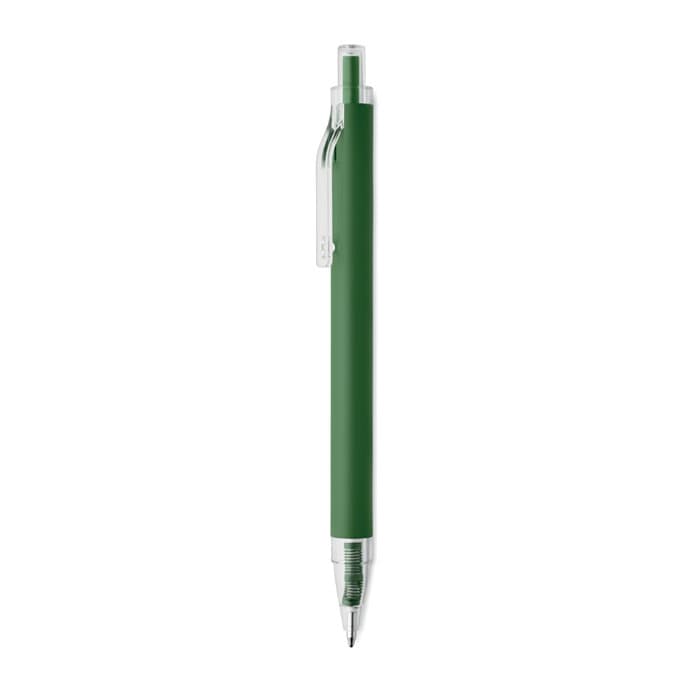 A green pen with a transparent grip and silver details, featuring a clip for easy attachment.