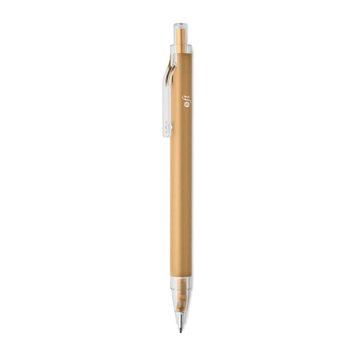 A pen featuring a gold barrel and clear clip, with a silver tip and logo on the side.
