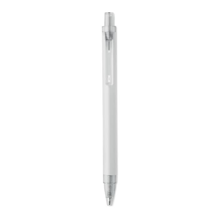 A white ballpoint pen with a transparent barrel and silver accents. It features a clip on the side.