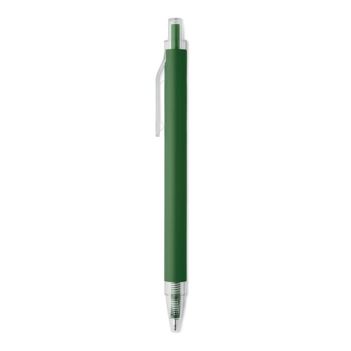 A green pen with a clear barrel and clip, featuring a stainless steel tip.