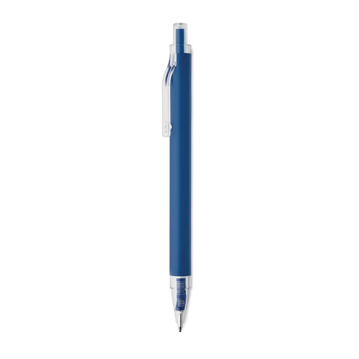 A blue pen with a clear grip and a clip, featuring a shiny silver tip.