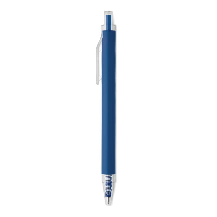 A blue pen with a clear clip and a transparent barrel, featuring a silver tip.