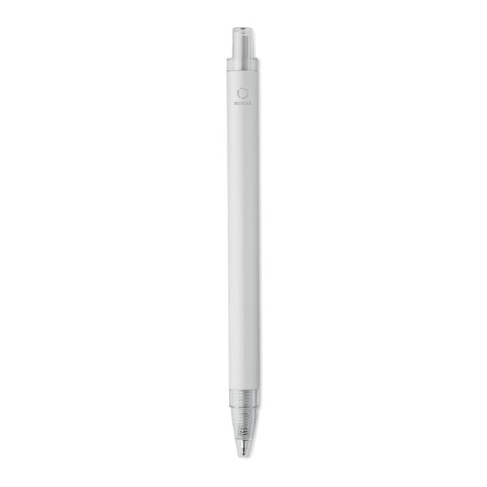 A pen with a sleek white body and silver accents, featuring a clickable top and a transparent tip.