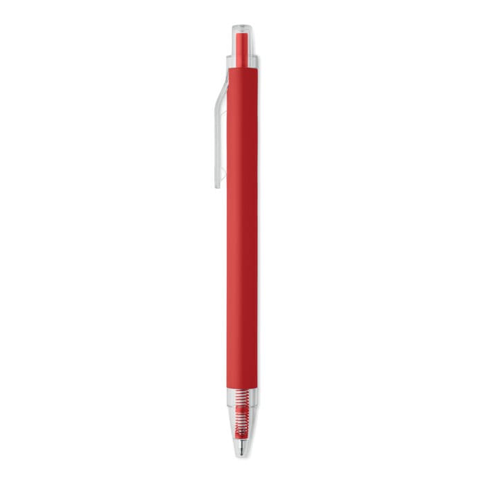 A red pen with a transparent grip and a clear clip at the top. The pen has a silver tip and is ballpoint.
