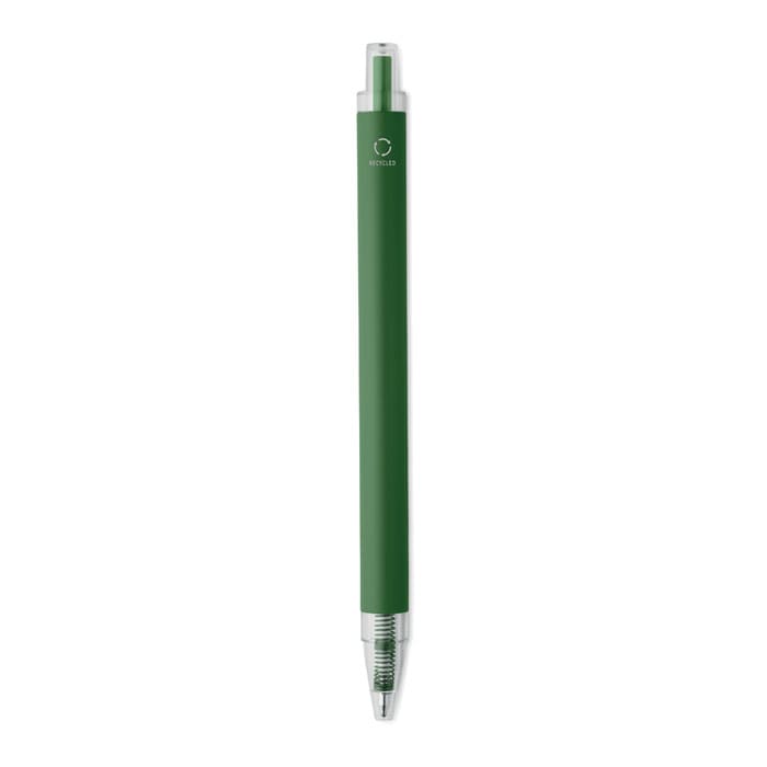 A green pen with a transparent end and a metallic silver tip, featuring a logo on its body.