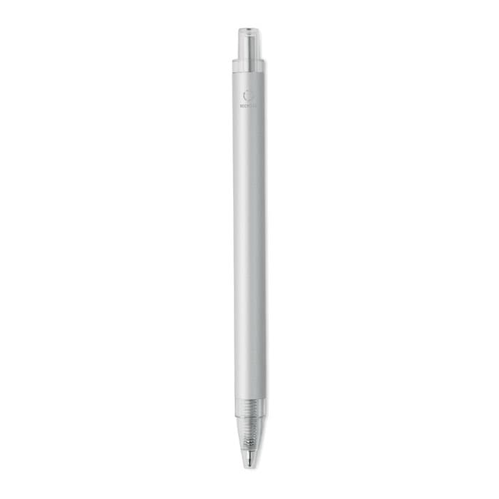 A pen with a sleek silver body and a clear tip, featuring a logo near the top.