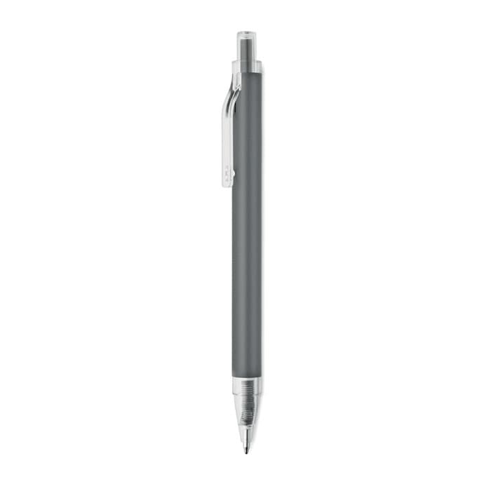 A grey pen with a chrome clip and tip, featuring a smooth design and a lightly textured barrel.