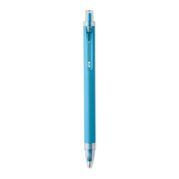 A blue pen with a transparent barrel and silver accents, featuring a retractable mechanism.