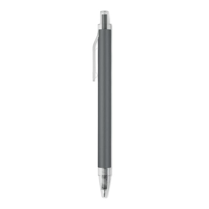 A pen with a grey barrel and silver accents, featuring a clip and a clear tip. It has a simple, sleek design.