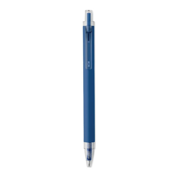 A blue pen with a clear barrel and a silver tip. It features a logo on its side.
