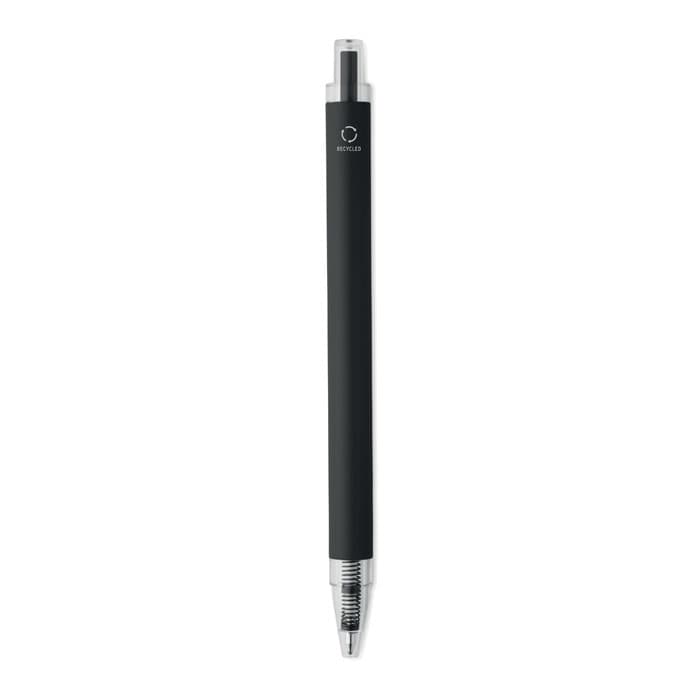 A black pen with a shiny silver tip, featuring a minimalist design and a branding logo.