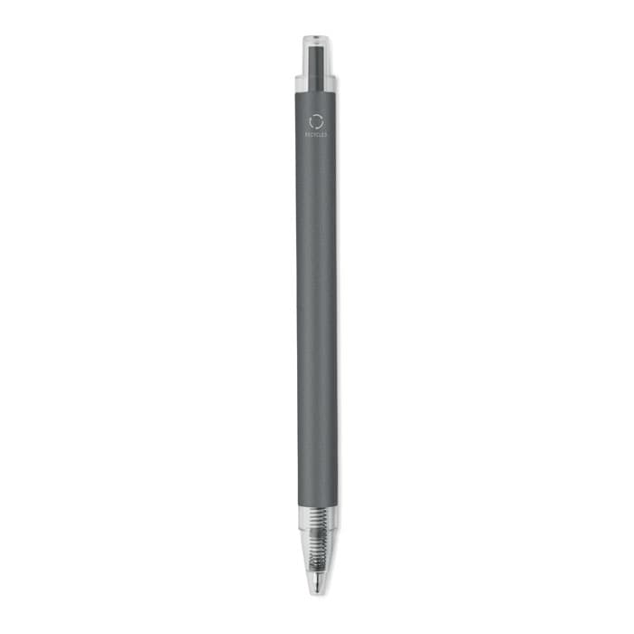 A grey pen with a shiny silver tip, featuring a simple logo on the barrel.