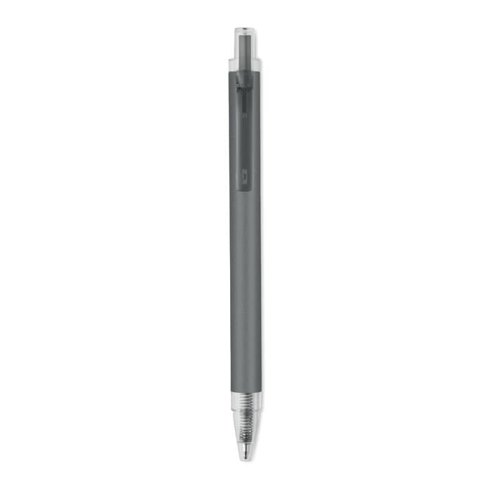 A grey pen with a silver tip and clip, featuring a transparent casing. It has a streamlined design.