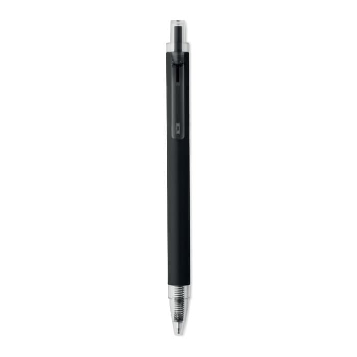 A black pen with a silver tip and clip, featuring a smooth, sleek design.