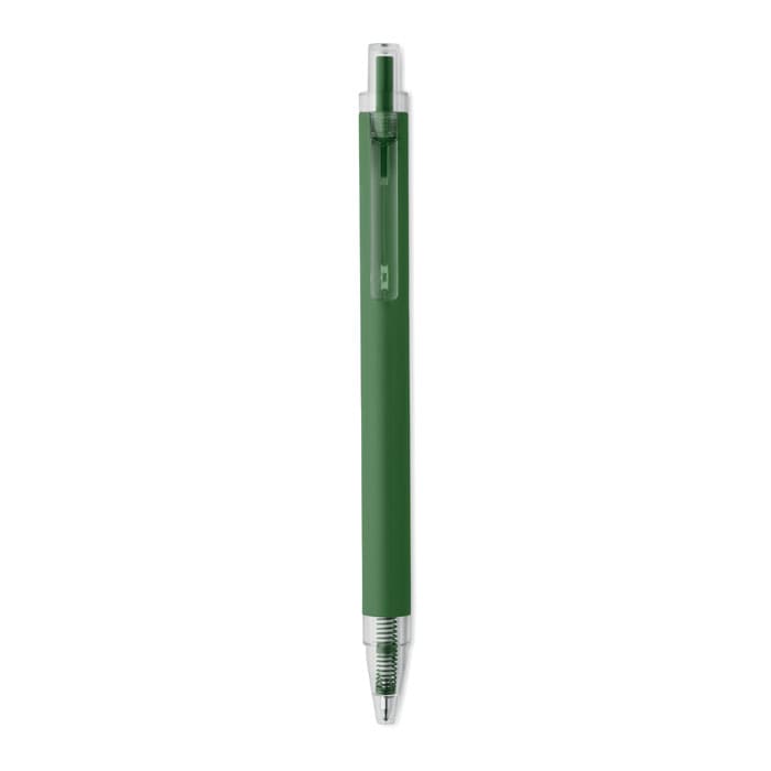 A green pen with a clear section and a silver nib, featuring a sleek design and a push-button mechanism.