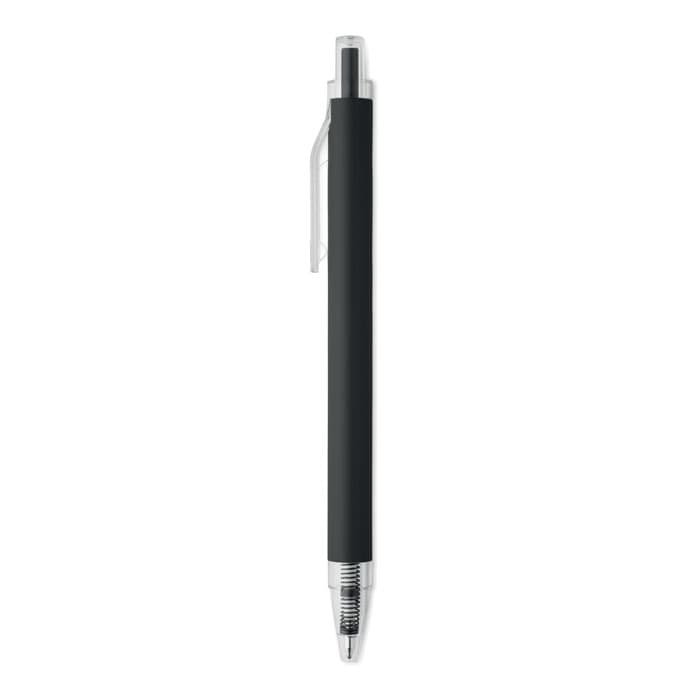 A black pen with a silver clip and a shiny tip, featuring a simple and sleek design.