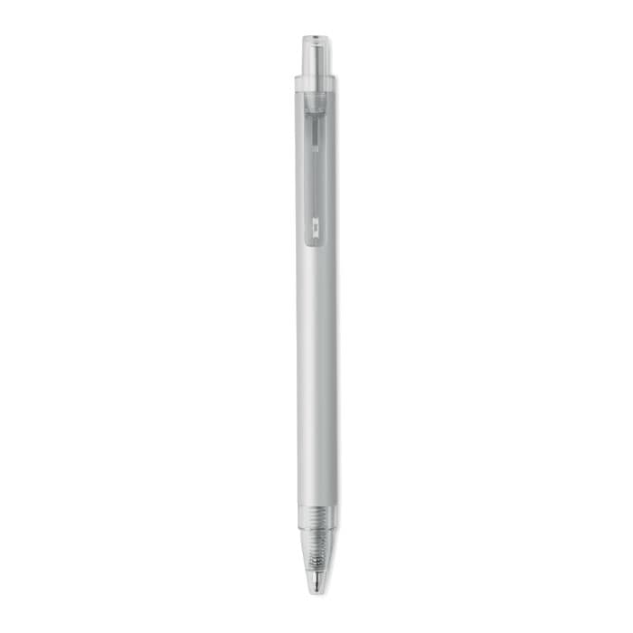 A pen featuring a transparent barrel and silver accents. It has a simple, sleek design.