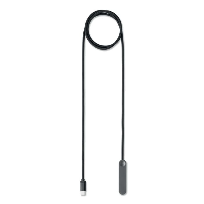 A black flexible cable with a connector at one end and a rounded end at the other. It has a sleek design.