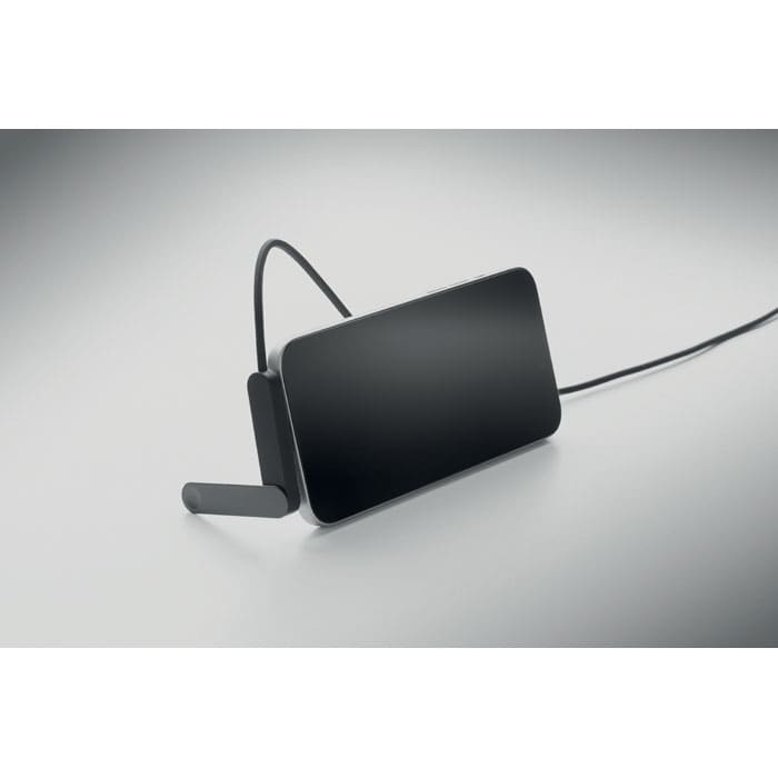 A sleek black phone stand with a supporting arm and a connected cable, set against a grey background.