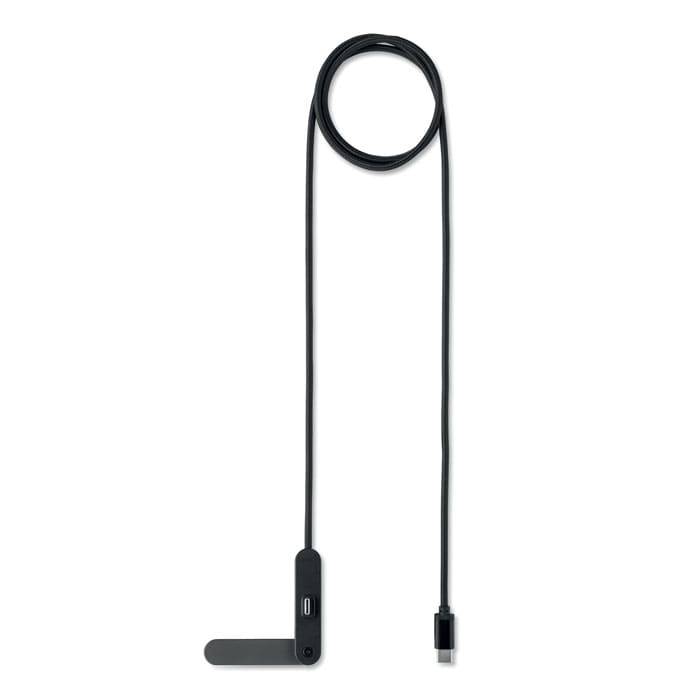 A black audio cable with a long cord and a plug end, featuring an angled connector. It has a simple design.