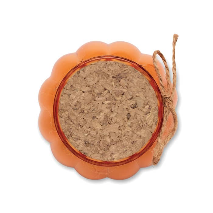 A pumpkin-shaped promotional product in orange, featuring a textured brown interior and a jute twine tie.