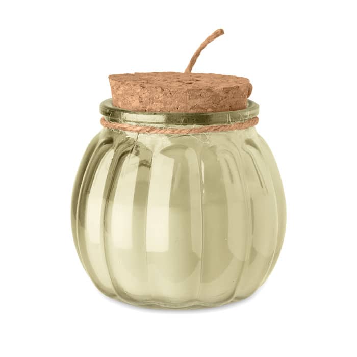 A glass pumpkin-shaped container with a cork lid and twine decoration, featuring a light green colour.