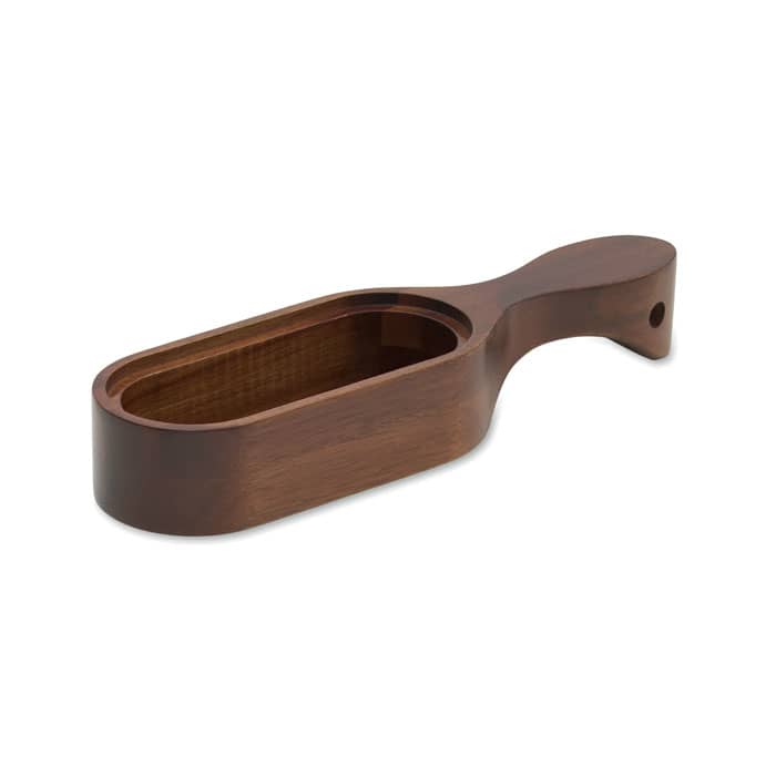 A wooden scoop with a smooth, rounded handle and an open bowl, featuring a rich brown colour.