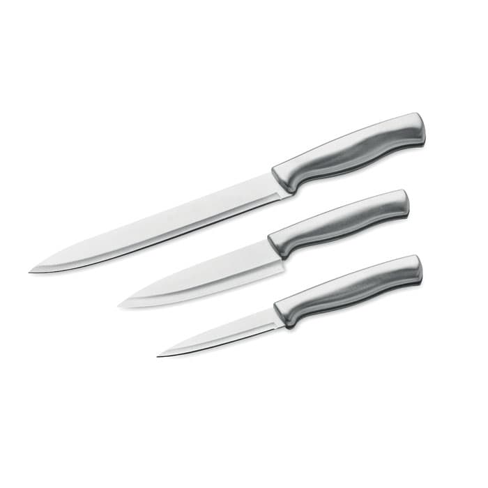 A set of three kitchen knives with stainless steel blades and ergonomic silver handles.