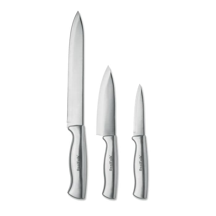 A set of three stainless steel knives with ergonomic handles, including a chef's knife, paring knife, and utility knife.