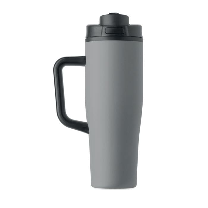 A drink bottle in grey with a black handle and lid, featuring a logo on the surface.