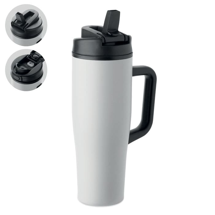 A drink bottle in matte white with a black handle and lid, featuring a flip-open spout and a logo.