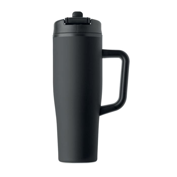 A drink bottle in matte black, featuring a handle and a flip-top lid. It has a sleek, modern design and branding.