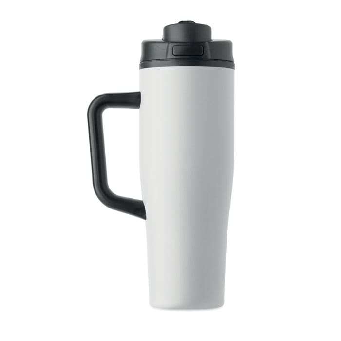 A drink bottle in white with a black handle and lid, featuring a simple design and a logo on the side.