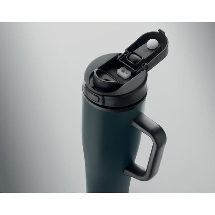A drink bottle in dark green with a black lid and handle, featuring a built-in spout and button.