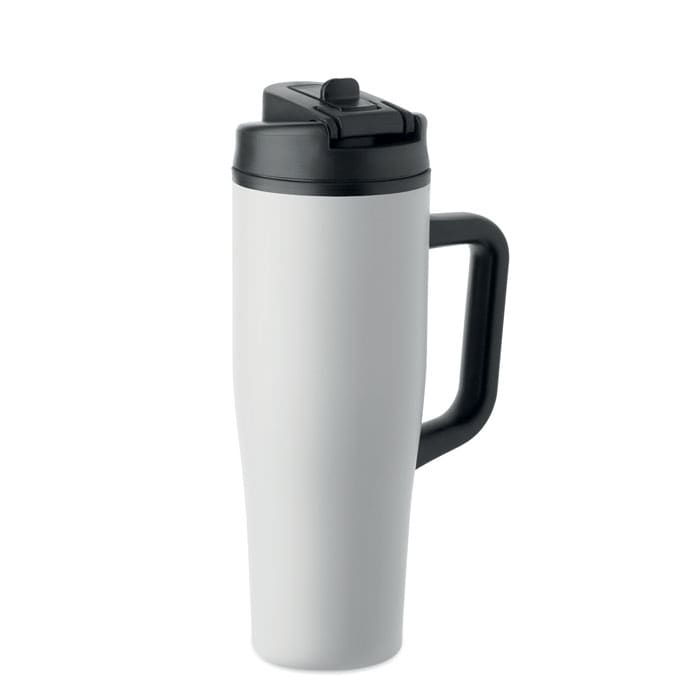 A drink bottle in white with a black handle and lid, featuring a simple design and a logo on the side.